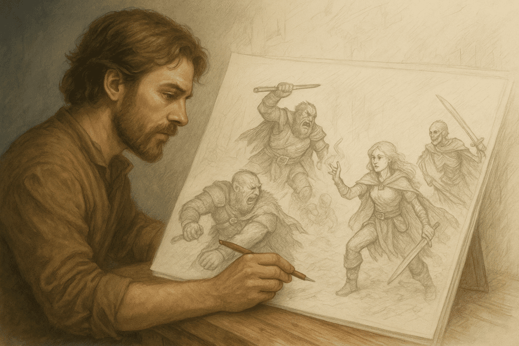 A semi-realistic image of an artist drawing a fantasy battle scene that fades into a detailed pencil sketch of adventurers in combat.