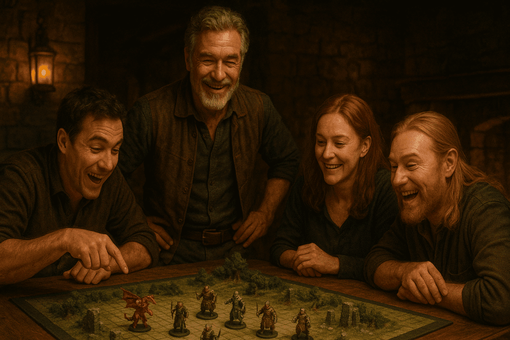 Four friends gathered around a wooden table, enjoying a tabletop role-playing game with a detailed battle map and miniature figures in a medieval tavern setting.