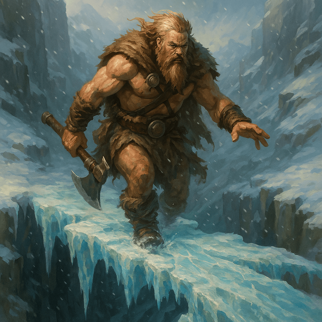 A lone barbarian cautiously walking across a fragile, cracking ice bridge suspended over a frozen canyon.