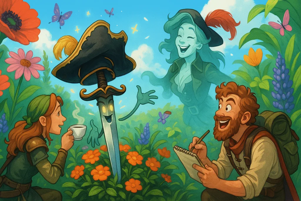A cheerful talking sword with glowing eyes and a pirate hat stands among colorful flowers in a garden, animated by the ghostly spirit of a smiling pirate queen, while two adventurers interact with it playfully under a bright blue sky.