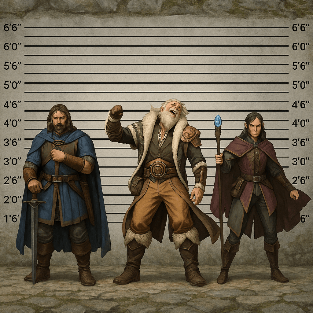 A line-up of Dungeons & Dragons characters representing different classes standing against a height chart, resembling a police line-up representing, picking your first D&D class