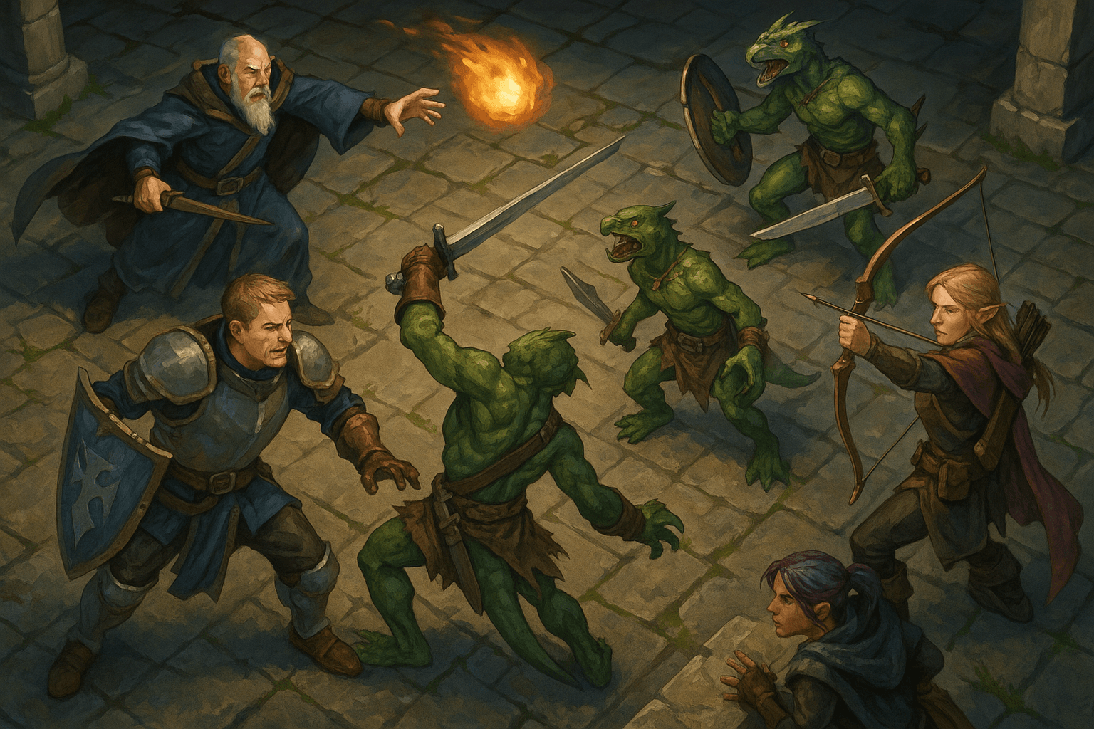 A Party Using Different Combat Actions in D&D 5e A group of four fantasy adventurers mid-battle, each performing different combat actions like attacking, casting, dodging, and helping.