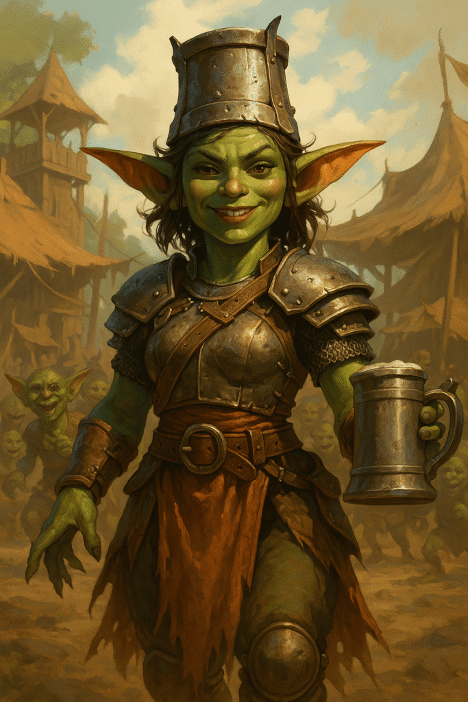 Goblin Queen Snagga holding a tankard, dressed in armor, during the Goblin Queen’s drinking contest