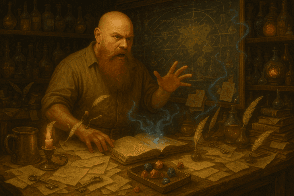 A chaotic DM command centre with glowing screens, dice, and magical energy