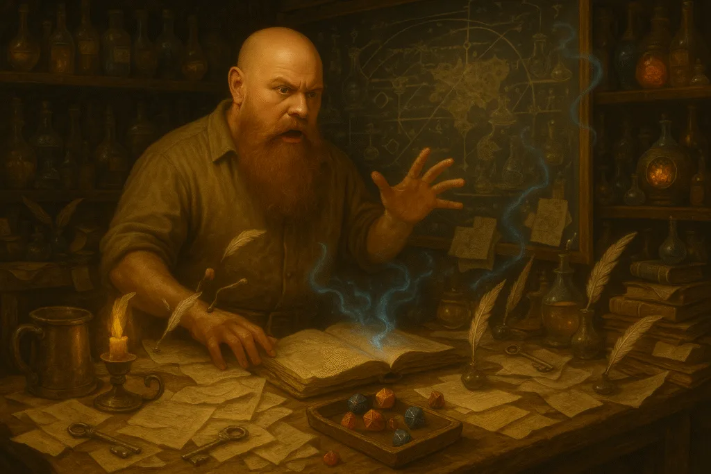 A chaotic DM command centre with glowing screens, dice, and magical energy