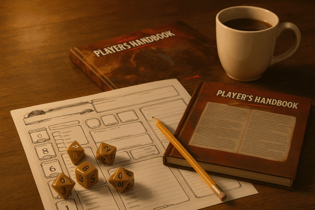 A tabletop Dungeons & Dragons setup showing a character sheet, dice, pencil, player’s handbook, and a mug of coffee in warm lighting.