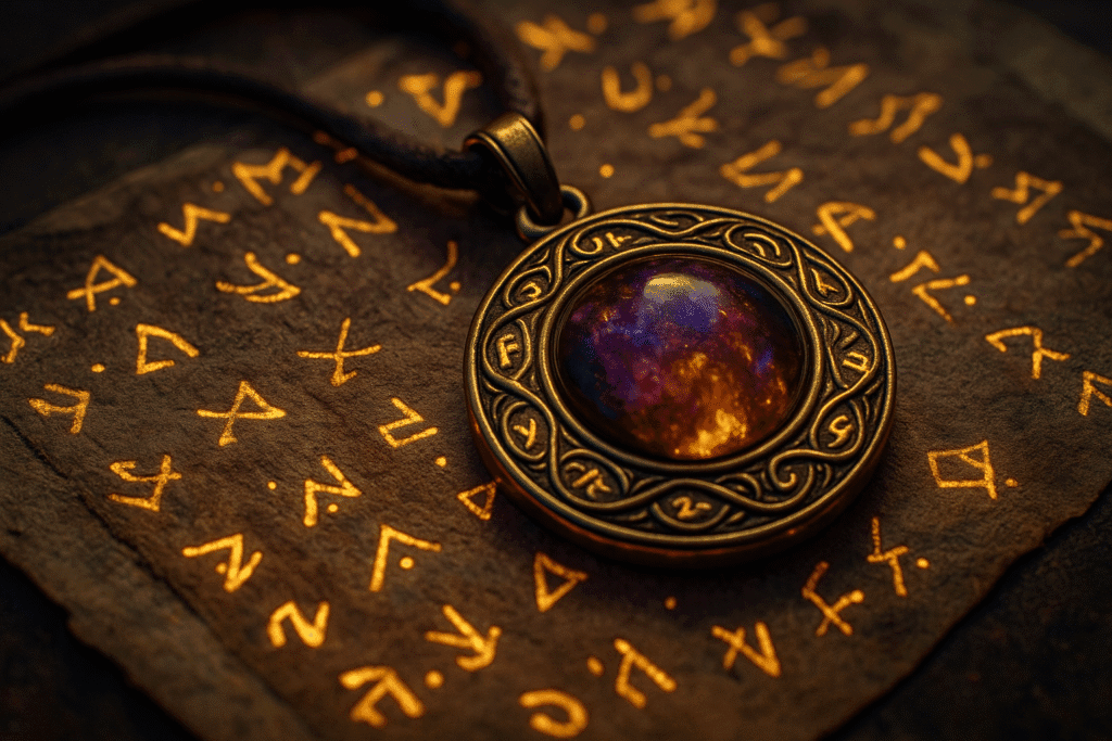A close-up of a magical pendant inscribed with glowing runes, resting on worn leather in a fantasy setting.