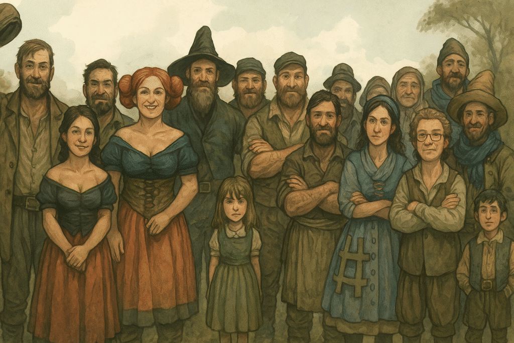 A colourful illustration of fantasy villagers and townsfolk standing together, each with unique outfits and personalities, ideal for NPC creation inspiration.