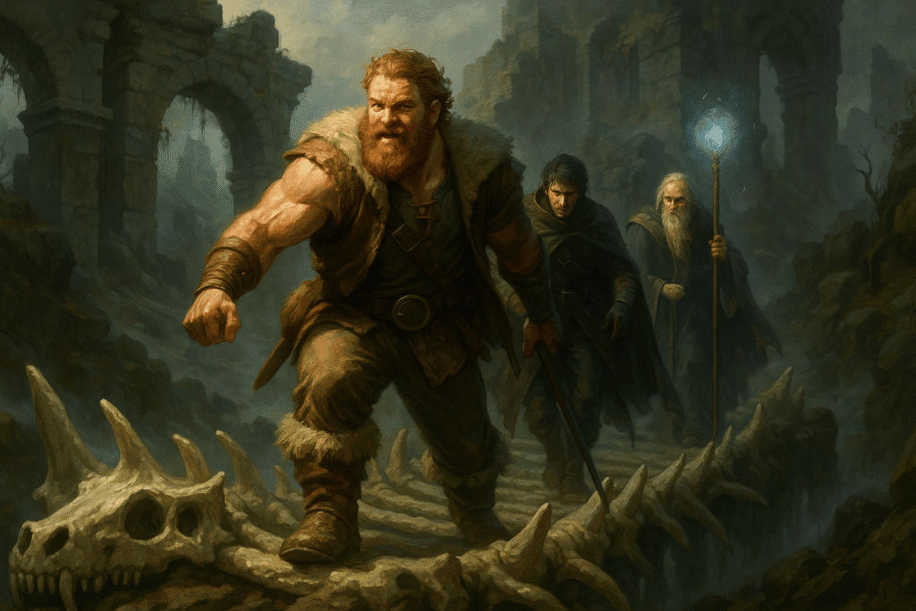 A barbarian, wizard, and rogue carefully crossing a crumbling bridge made of basilisk bones in a dark fantasy landscape.